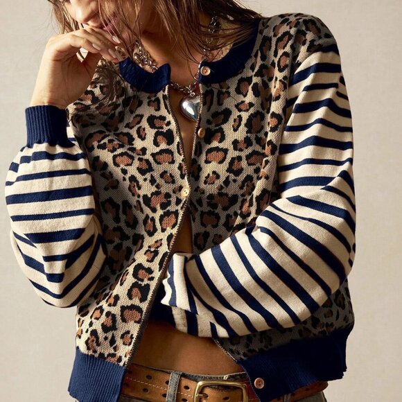 Casual Women's Leopard & Striped Pattern Front Button Long Sleeve cardigan - Picture 3 of 7